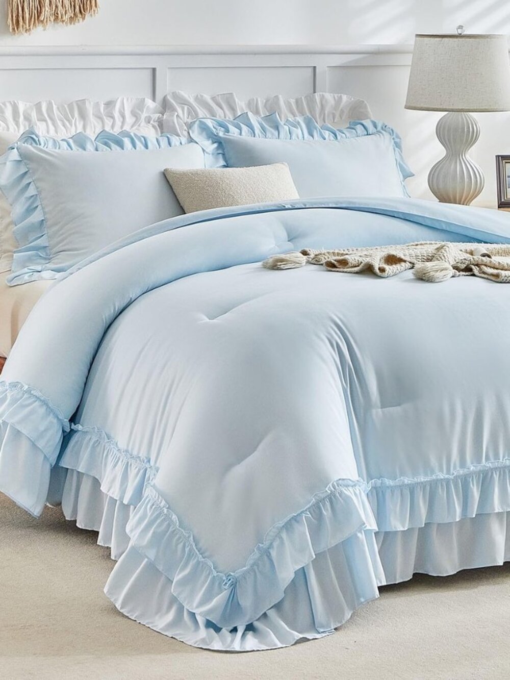 Blue Ruffle Comforter Set Full/Queen Size, 3 Pieces Vintage Farmhouse Shabby